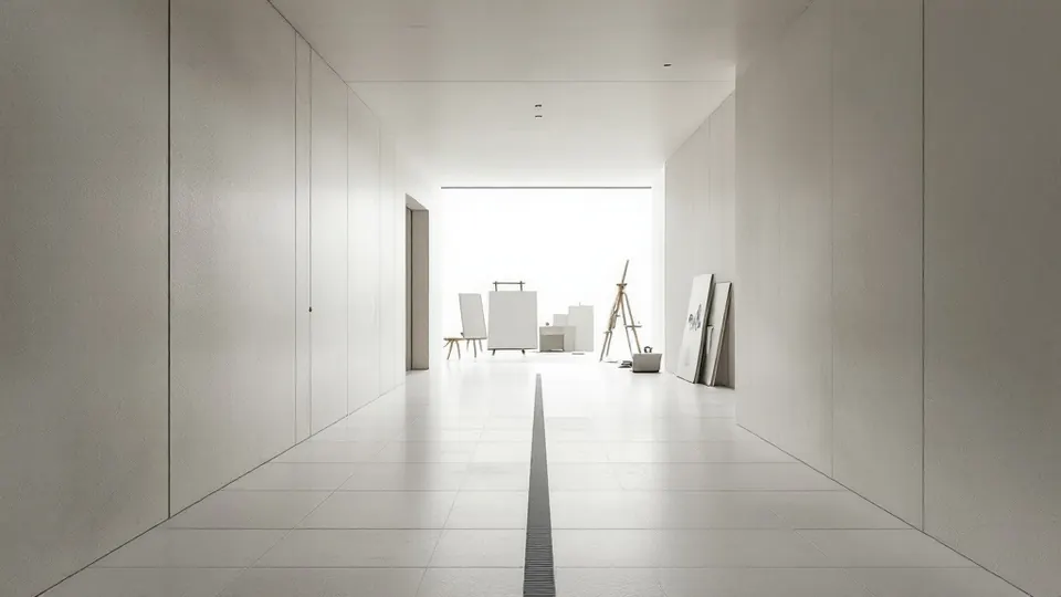 Un couloir de pierre claire qui débouche sur un atelier d’artiste lumineux